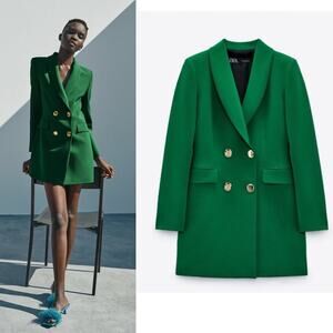 Zara Green Blazer Dress Women’s Small Double Breasted Long Sleeve Blogger Fav